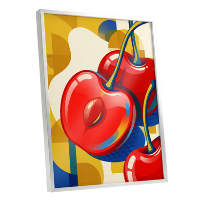 Cherry Pop Geometry, red, yellow, blue nature wall art shown as a silver framed poster wall art print
