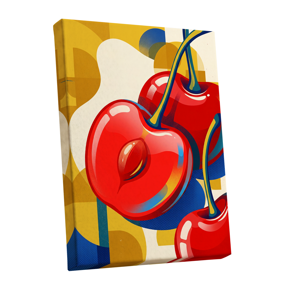 Cherry Pop Geometry, red, yellow, blue nature wall art shown as a stretched canvas wall art