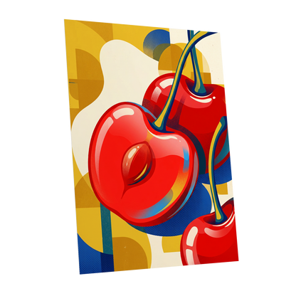 Cherry Pop Geometry, red, yellow, blue nature wall art shown as a unframed poster wall art print