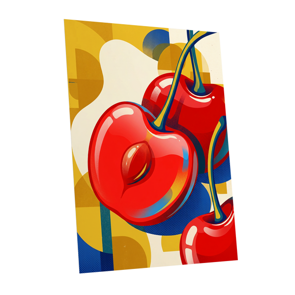 Cherry Pop Geometry, red, yellow, blue nature wall art shown as a unframed poster wall art print