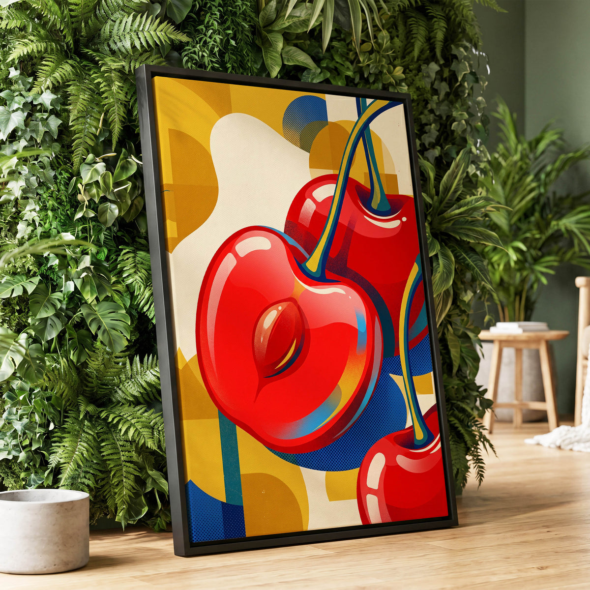 Cherry Pop Geometry, red, yellow, blue nature wall art displayed in a styled interior, gallery view 1