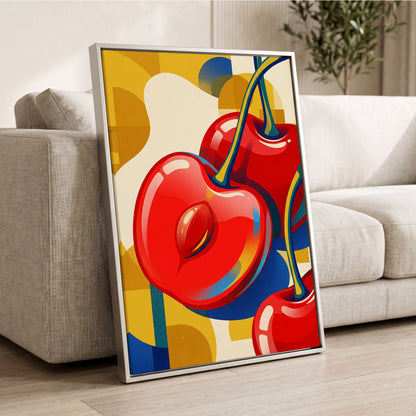 Cherry Pop Geometry, red, yellow, blue nature wall art displayed in a styled interior, gallery view 2
