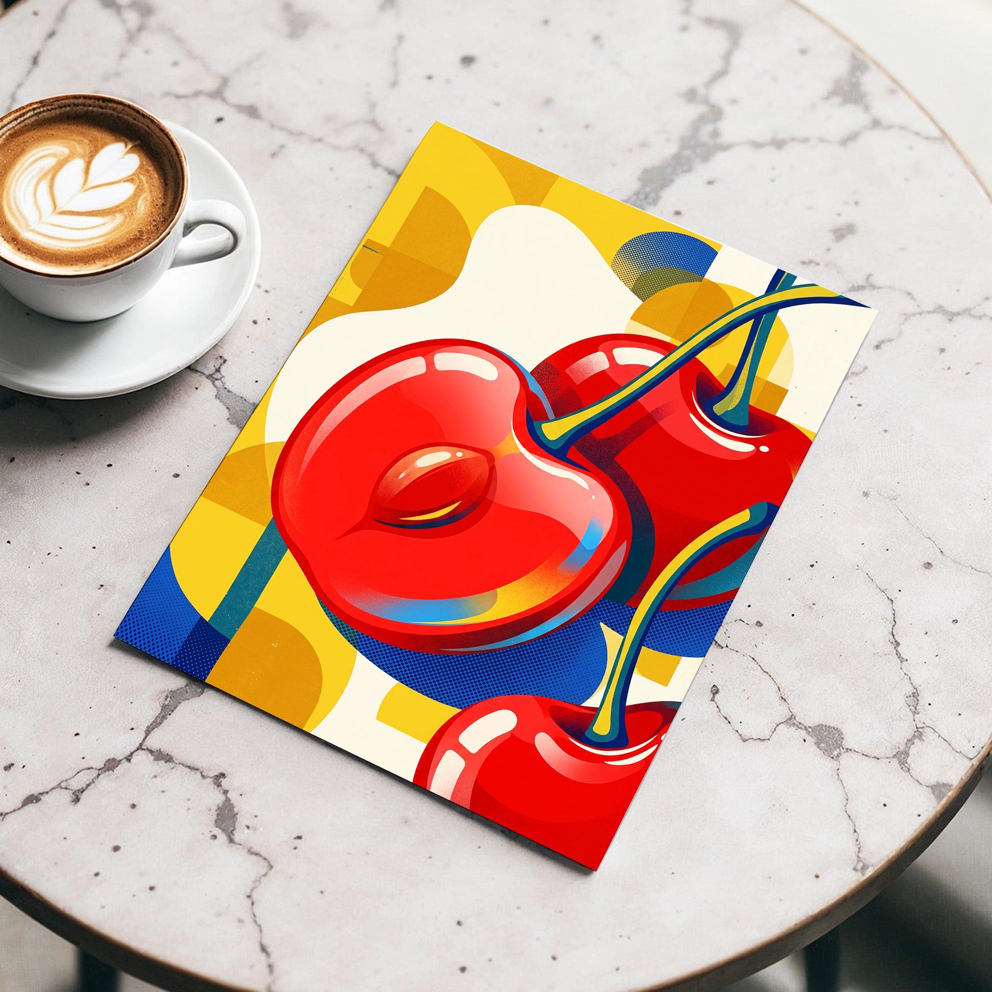 Cherry Pop Geometry, red, yellow, blue nature wall art displayed in a styled interior, gallery view 3