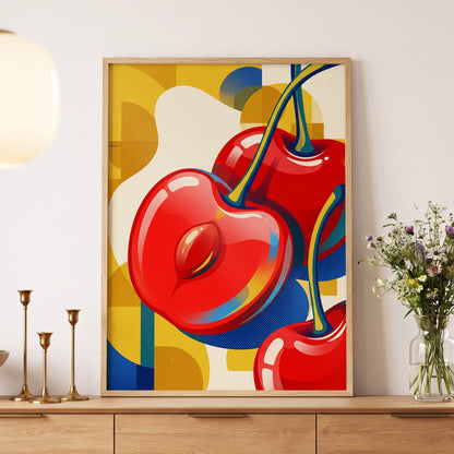 Cherry Pop Geometry, red, yellow, blue nature wall art displayed in a styled interior, gallery view 4