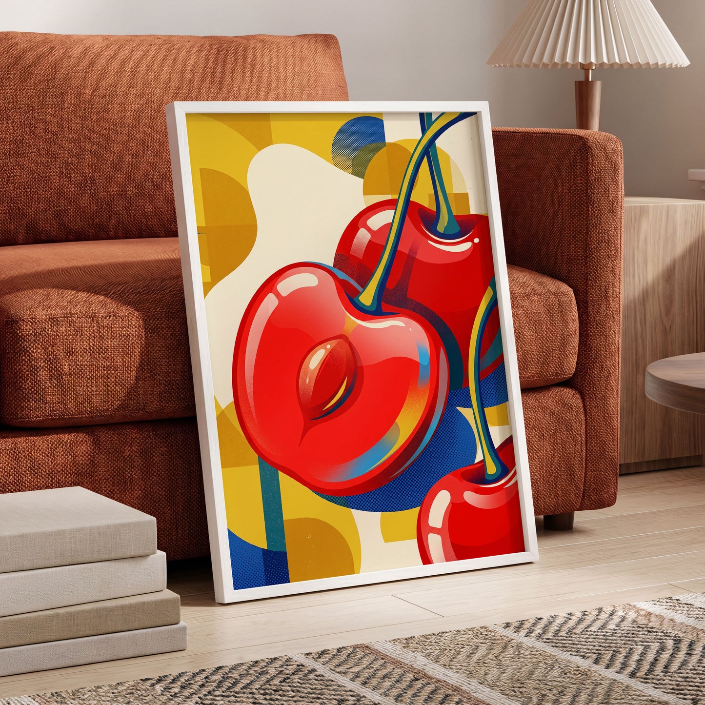 Cherry Pop Geometry, red, yellow, blue nature wall art displayed in a styled interior, gallery view 6