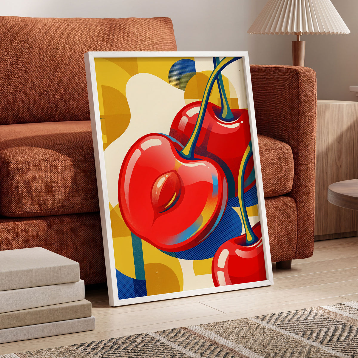 Cherry Pop Geometry, red, yellow, blue nature wall art displayed in a styled interior, gallery view 6