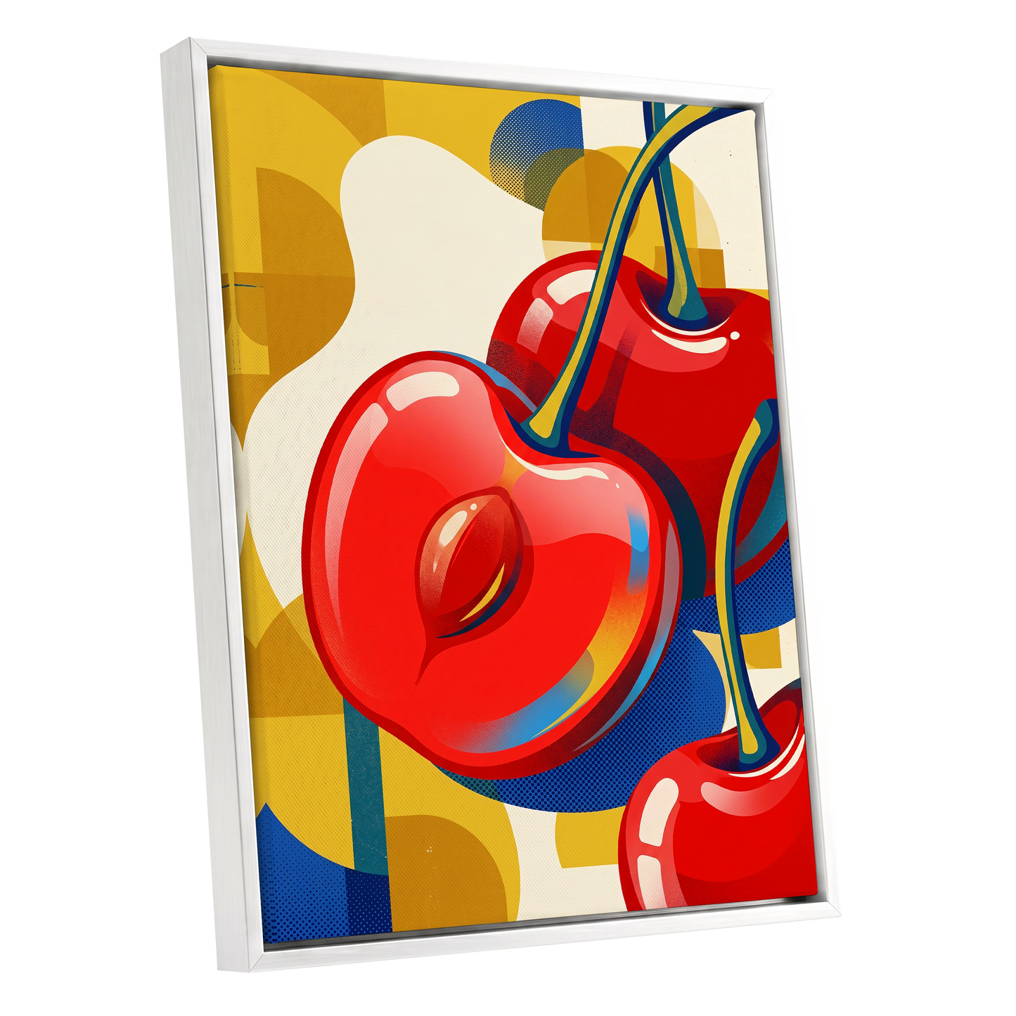 Cherry Pop Geometry, red, yellow, blue nature wall art shown as a white framed canvas wall art