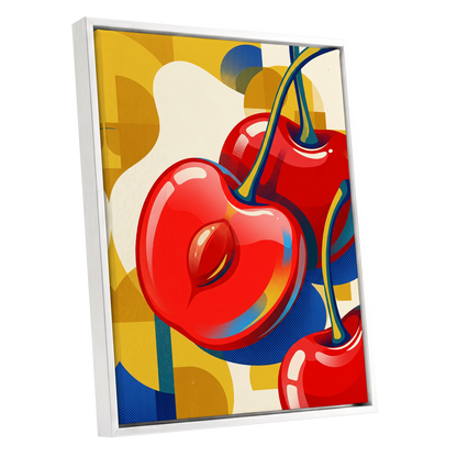 Cherry Pop Geometry, red, yellow, blue nature wall art shown as a white framed canvas wall art