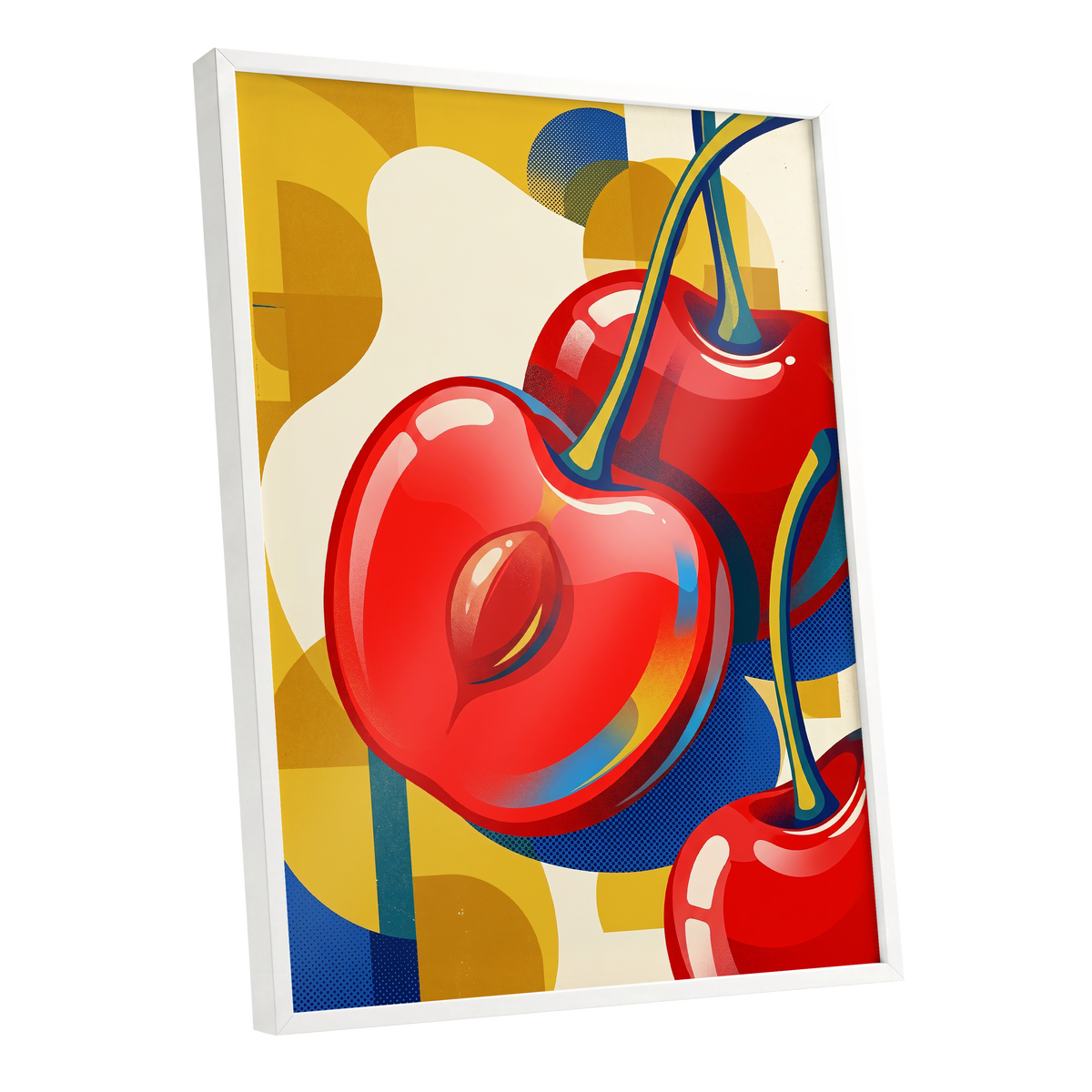 Cherry Pop Geometry, red, yellow, blue nature wall art shown as a white framed poster wall art print