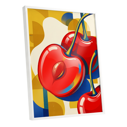 Cherry Pop Geometry, red, yellow, blue nature wall art shown as a white framed poster wall art print