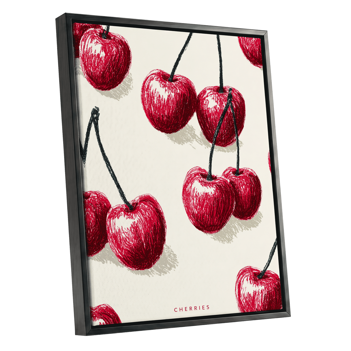 Cherry Rhythm, red, beige, green nature wall art shown as a black framed canvas wall art