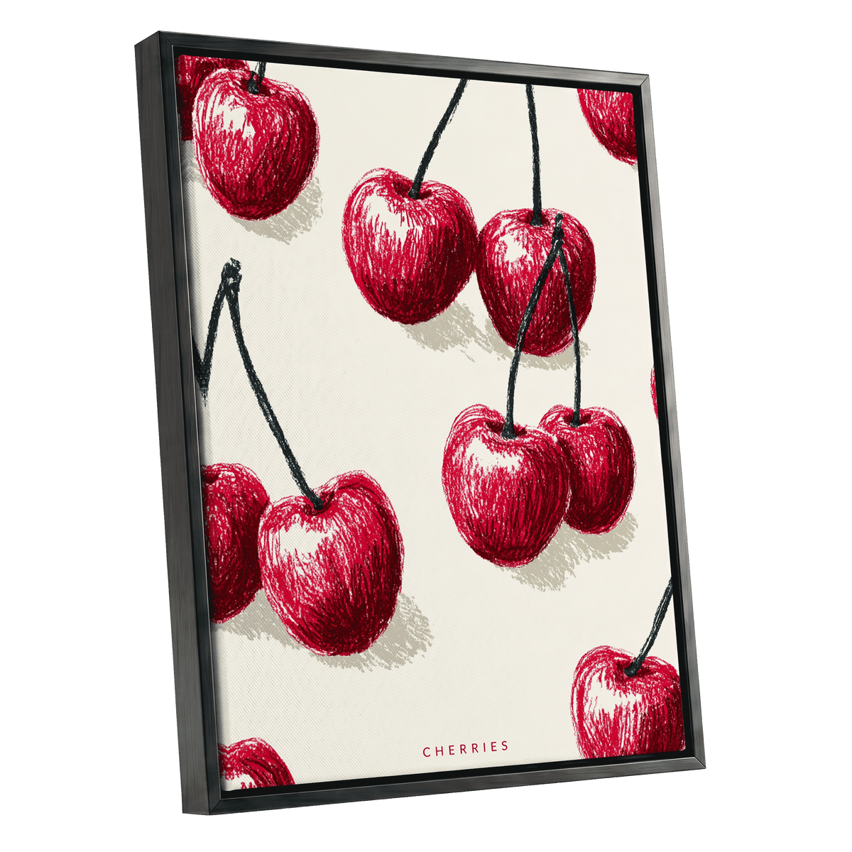 Cherry Rhythm, red, beige, green nature wall art shown as a black framed canvas wall art