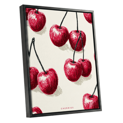 Cherry Rhythm, red, beige, green nature wall art shown as a black framed canvas wall art