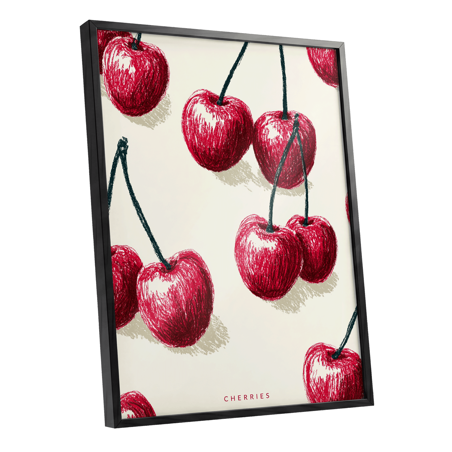 Cherry Rhythm, red, beige, green nature wall art shown as a black framed poster wall art print