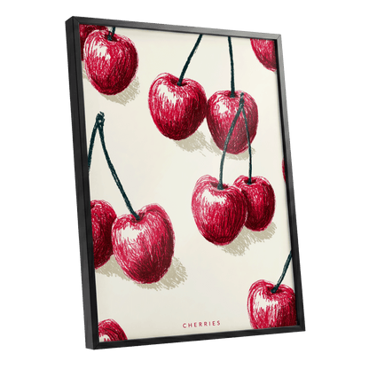 Cherry Rhythm, red, beige, green nature wall art shown as a black framed poster wall art print
