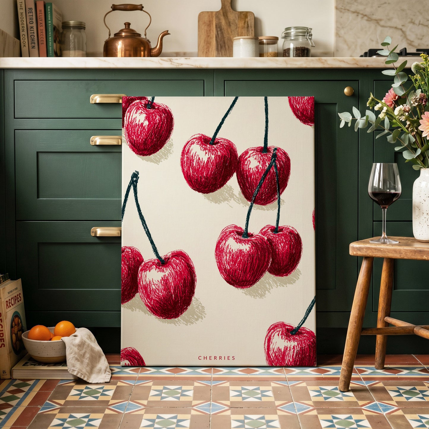 Cherry Rhythm, red, beige, green nature wall art on canvas displayed in a styled interior, gallery view 1