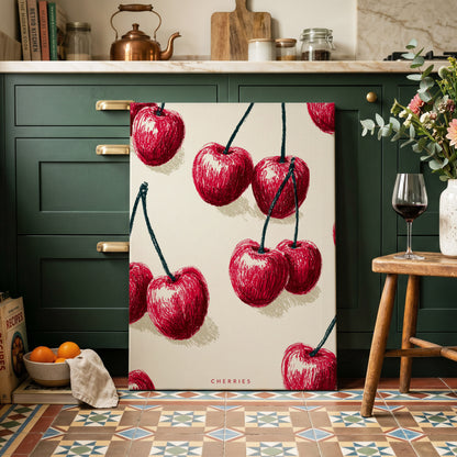Cherry Rhythm, red, beige, green nature wall art on canvas displayed in a styled interior, gallery view 1
