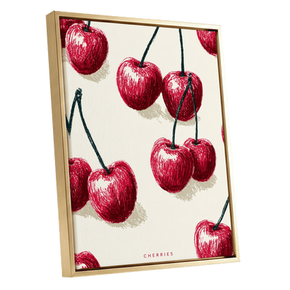 Cherry Rhythm, red, beige, green nature wall art shown as a gold framed canvas wall art