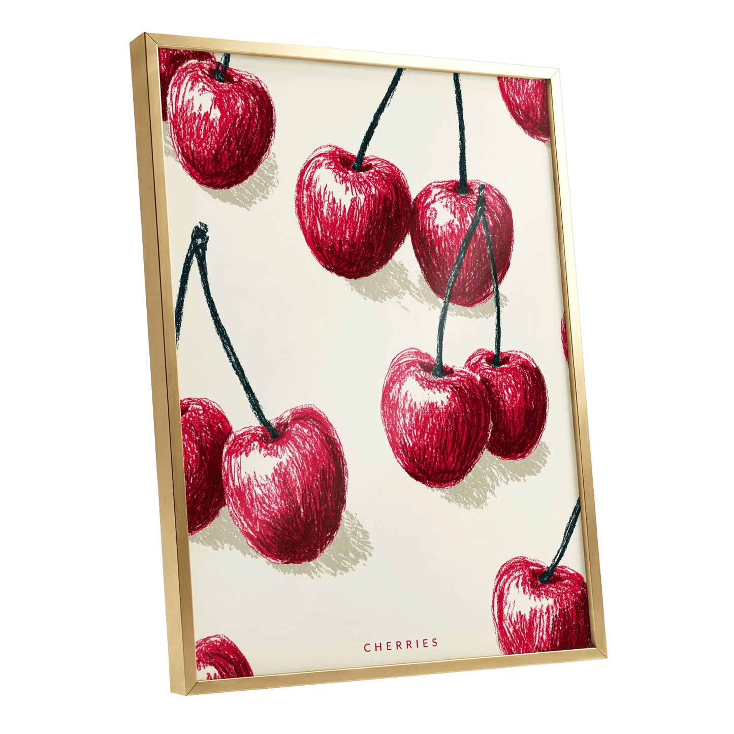 Cherry Rhythm, red, beige, green nature wall art shown as a gold framed poster wall art print
