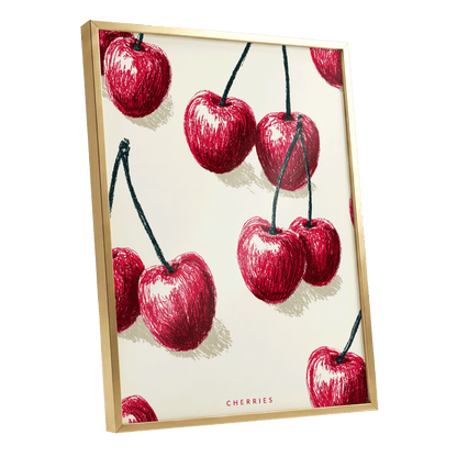 Cherry Rhythm, red, beige, green nature wall art shown as a gold framed poster wall art print