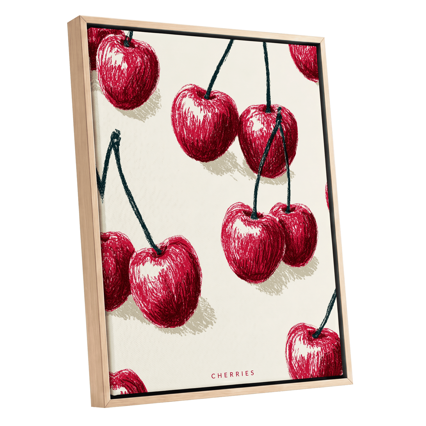 Cherry Rhythm, red, beige, green nature wall art shown as a oak framed canvas wall art