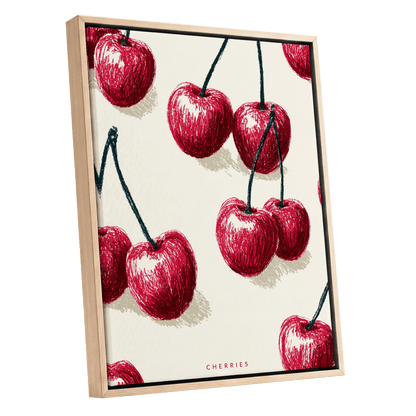 Cherry Rhythm, red, beige, green nature wall art shown as a oak framed canvas wall art