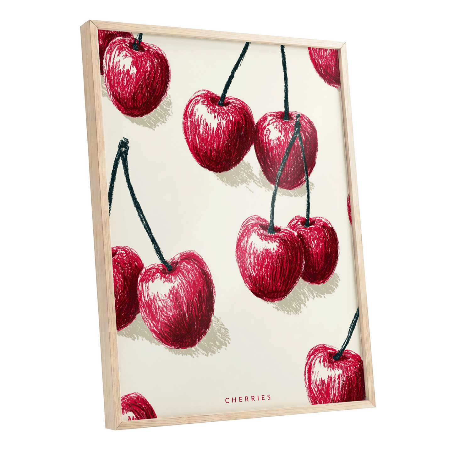 Cherry Rhythm, red, beige, green nature wall art shown as a oak framed poster wall art print