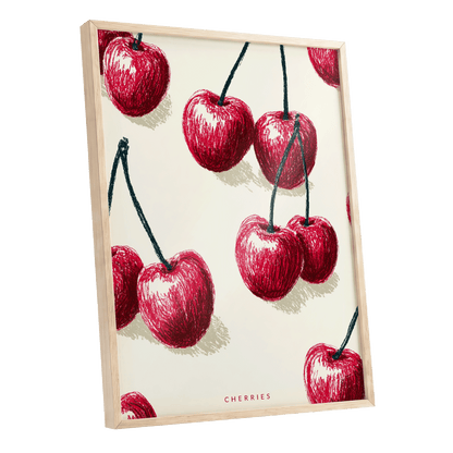 Cherry Rhythm, red, beige, green nature wall art shown as a oak framed poster wall art print