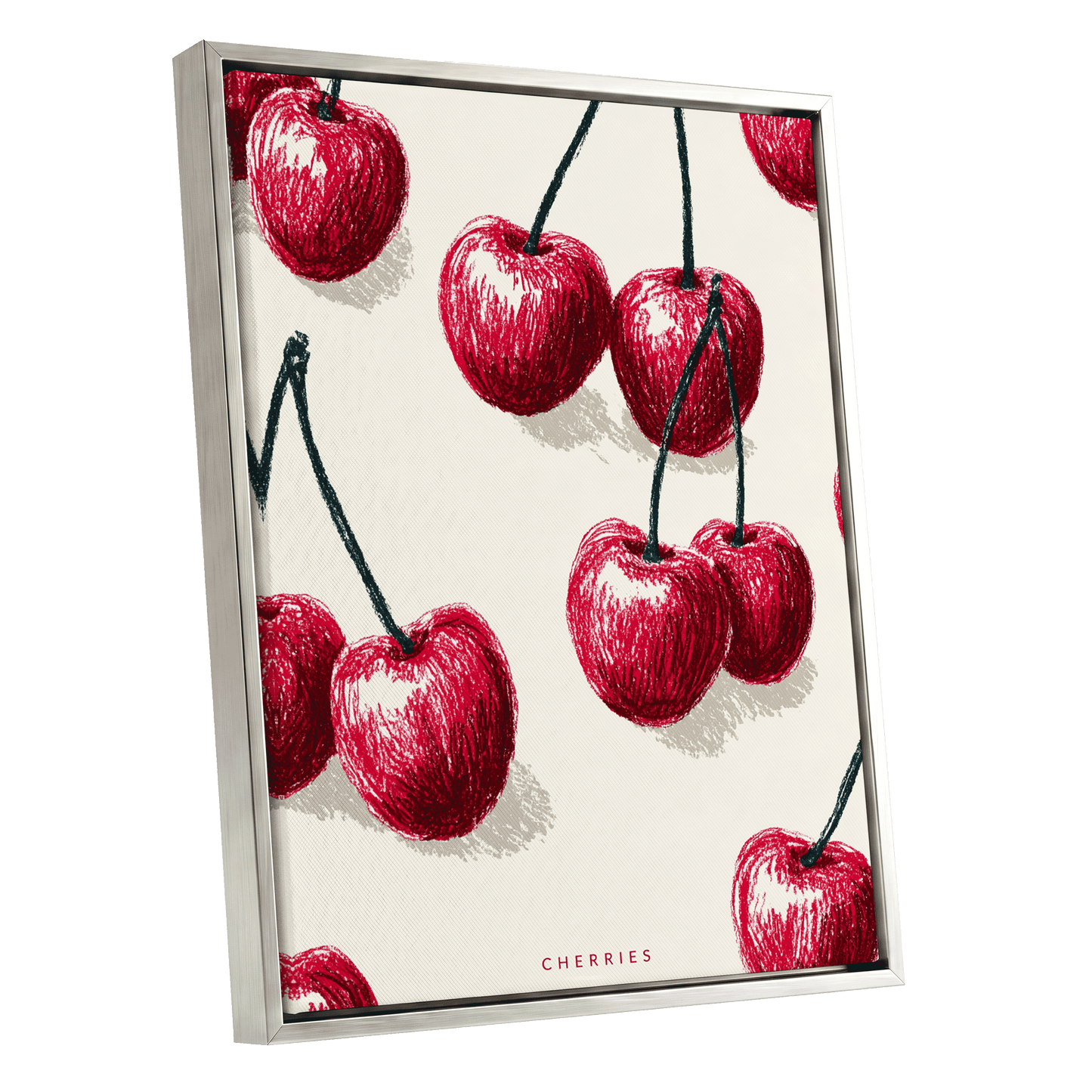 Cherry Rhythm, red, beige, green nature wall art shown as a silver framed canvas wall art
