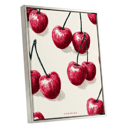 Cherry Rhythm, red, beige, green nature wall art shown as a silver framed canvas wall art