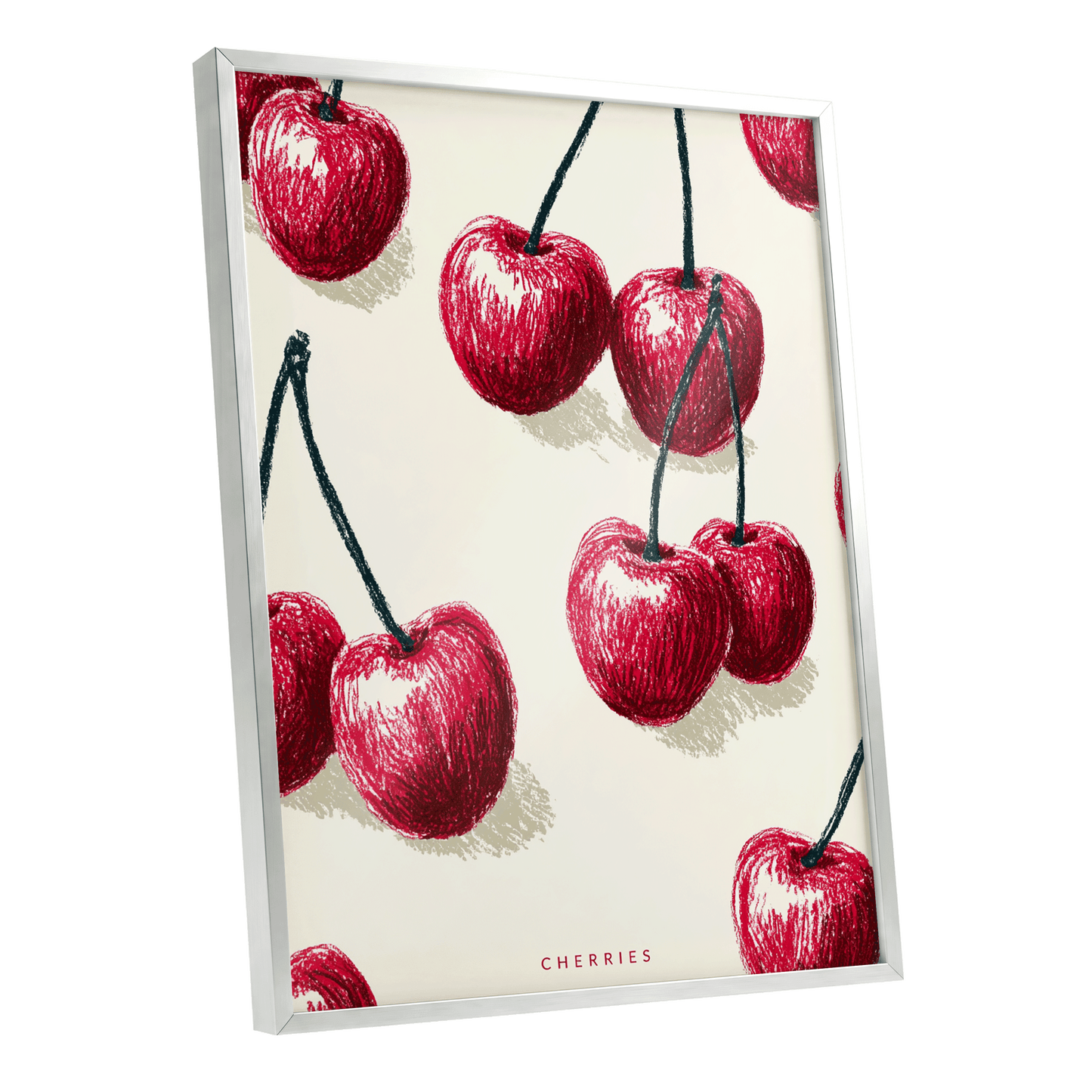 Cherry Rhythm, red, beige, green nature wall art shown as a silver framed poster wall art print