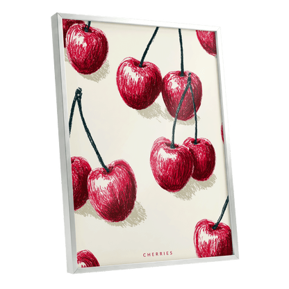 Cherry Rhythm, red, beige, green nature wall art shown as a silver framed poster wall art print
