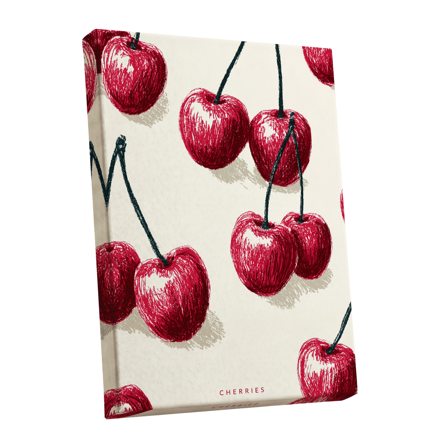 Cherry Rhythm, red, beige, green nature wall art shown as a stretched canvas wall art