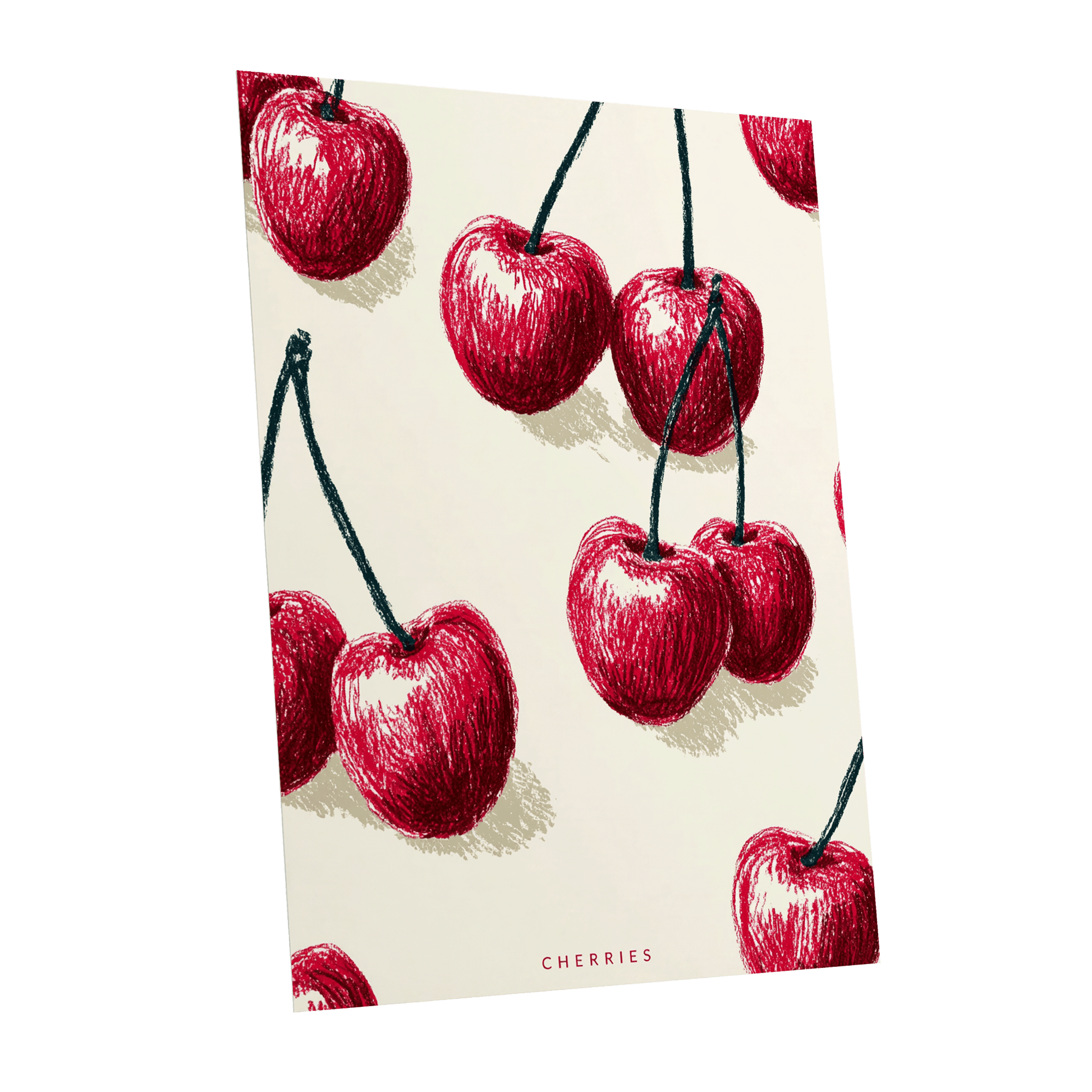 Cherry Rhythm, red, beige, green nature wall art shown as a unframed poster wall art print