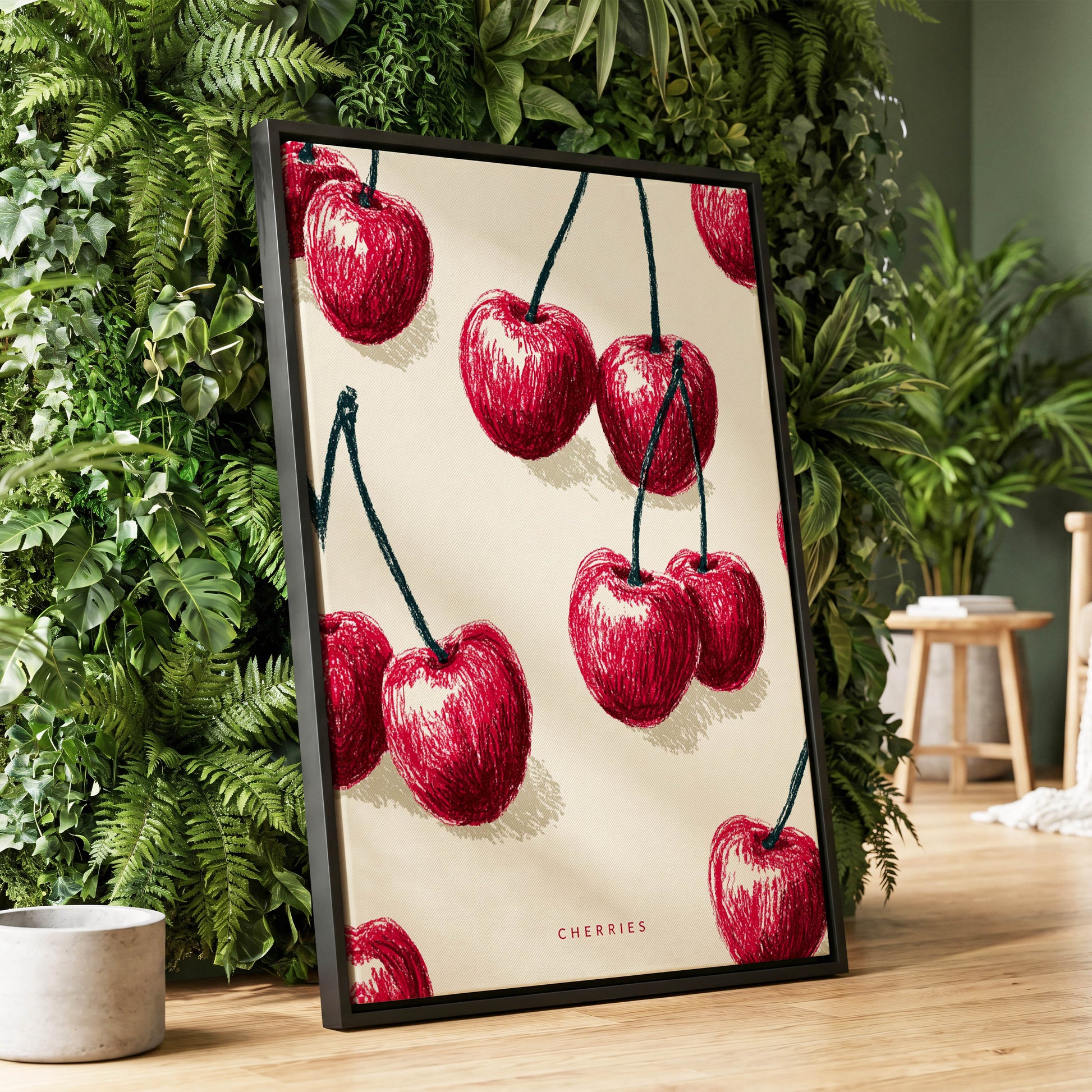Cherry Rhythm, red, beige, green nature wall art displayed in a styled interior, gallery view 1