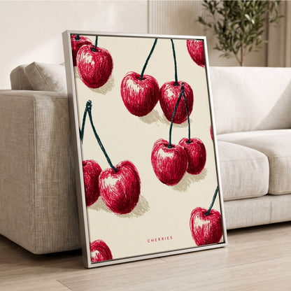 Cherry Rhythm, red, beige, green nature wall art displayed in a styled interior, gallery view 2
