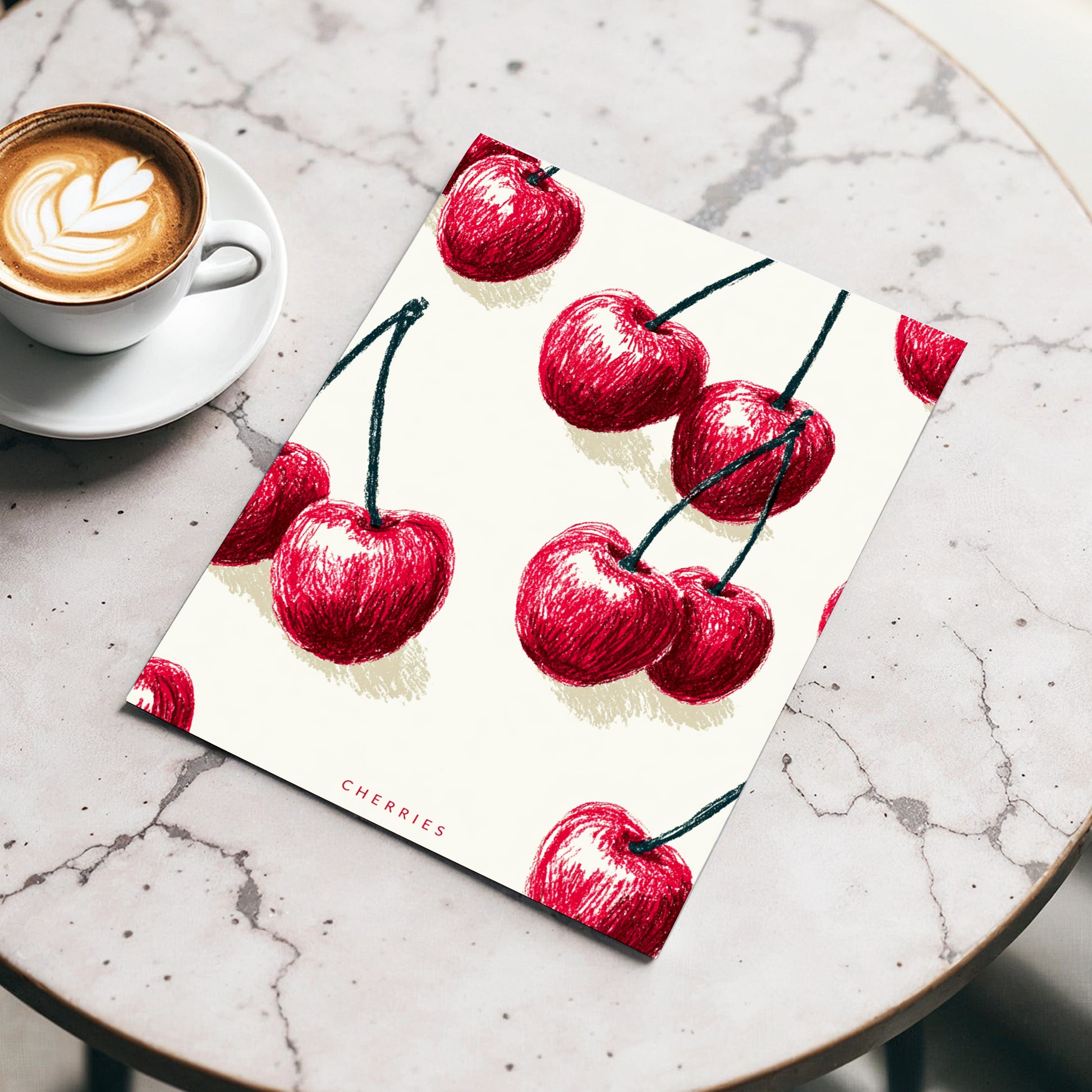 Cherry Rhythm, red, beige, green nature wall art displayed in a styled interior, gallery view 3