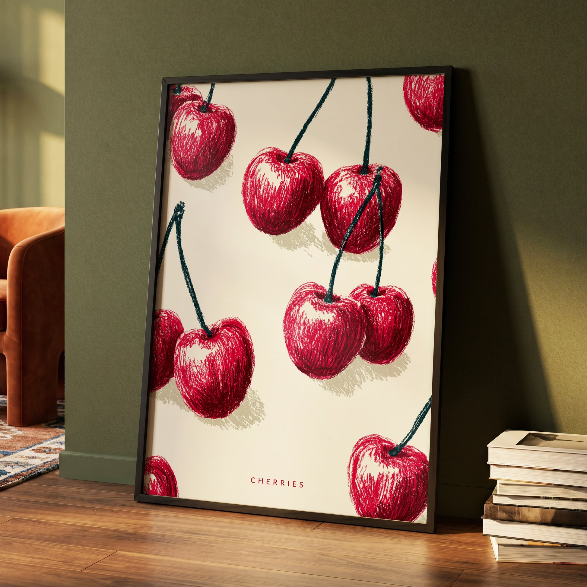 Cherry Rhythm, red, beige, green nature wall art displayed in a styled interior, gallery view 4
