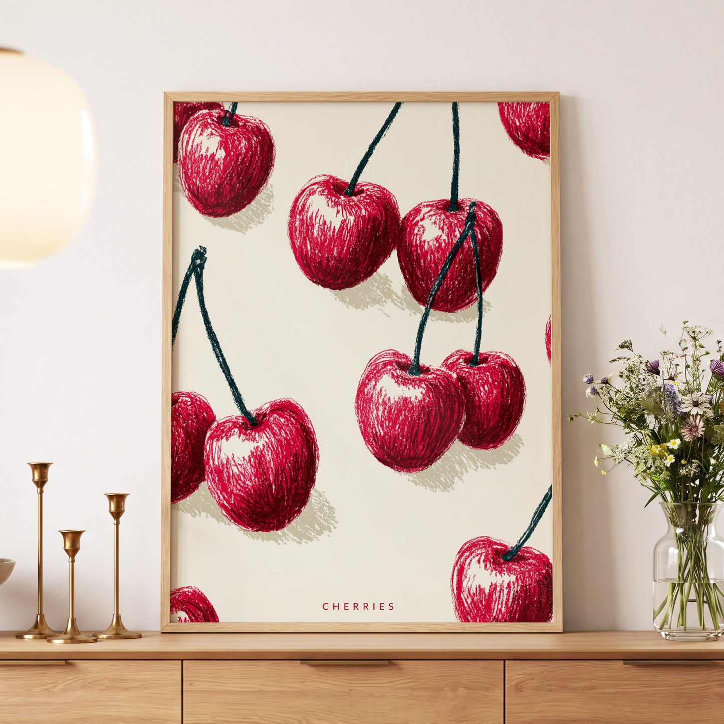 Cherry Rhythm, red, beige, green nature wall art displayed in a styled interior, gallery view 5