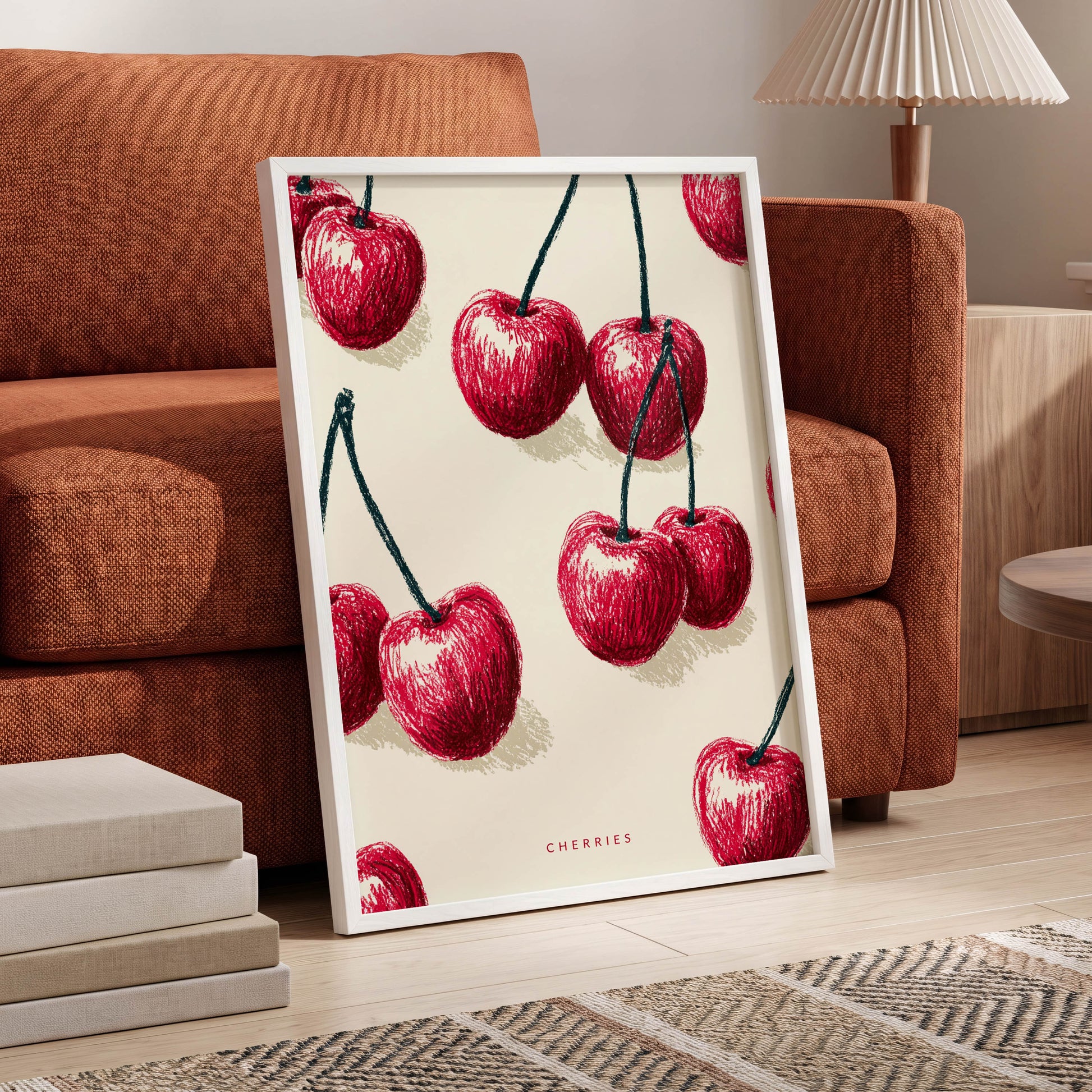 Cherry Rhythm, red, beige, green nature wall art displayed in a styled interior, gallery view 6