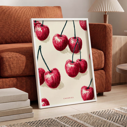 Cherry Rhythm, red, beige, green nature wall art displayed in a styled interior, gallery view 6