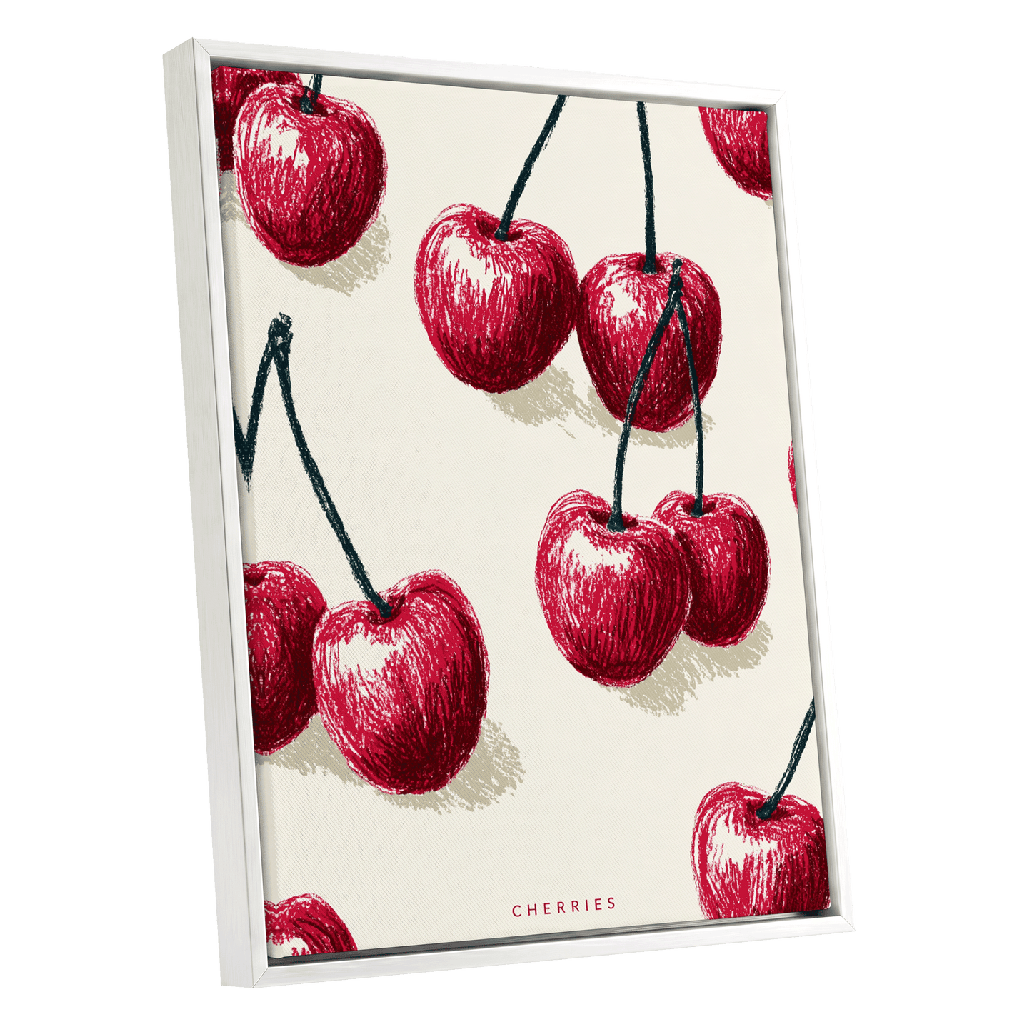 Cherry Rhythm, red, beige, green nature wall art shown as a white framed canvas wall art