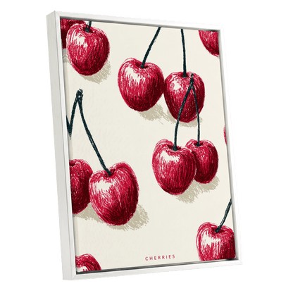 Cherry Rhythm, red, beige, green nature wall art shown as a white framed canvas wall art