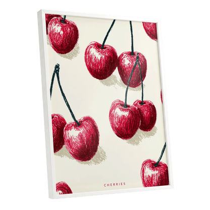 Cherry Rhythm, red, beige, green nature wall art shown as a white framed poster wall art print
