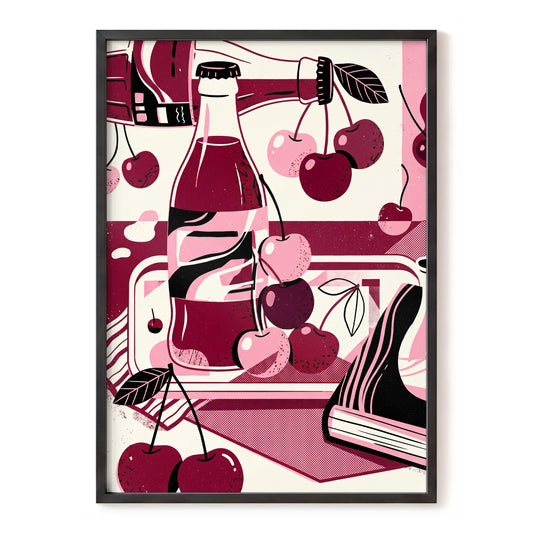 Cherry Soda Reverie, pink, beige, black abstract wall art, front artwork view