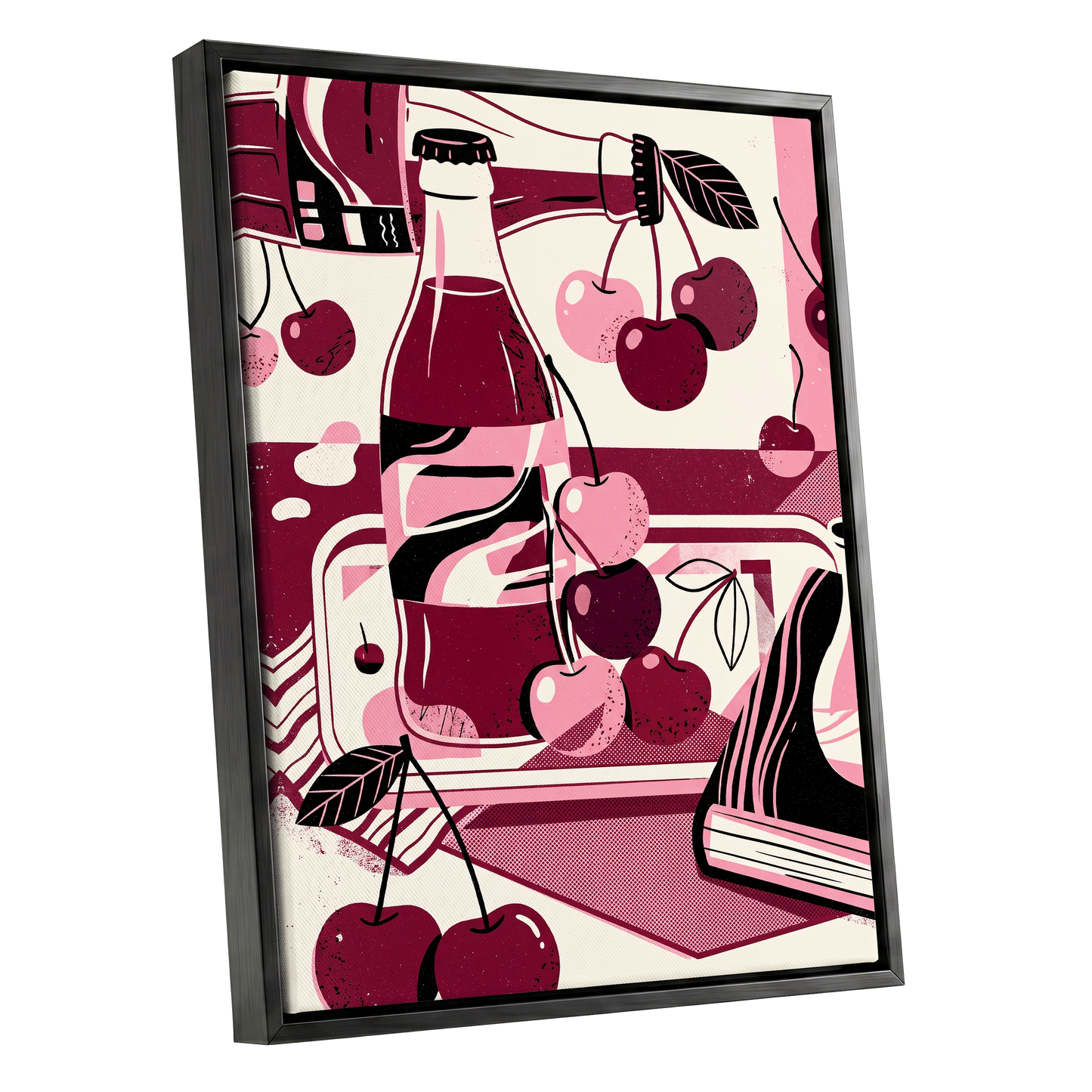 Cherry Soda Reverie, pink, beige, black abstract wall art shown as a black framed canvas wall art