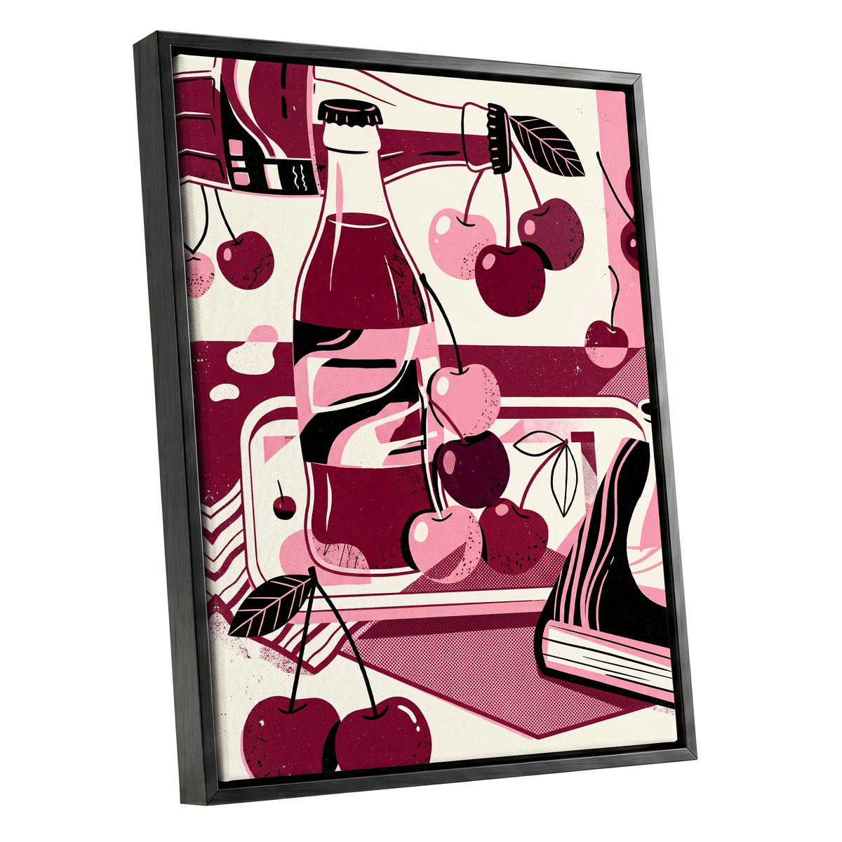 Cherry Soda Reverie, pink, beige, black abstract wall art shown as a black framed canvas wall art