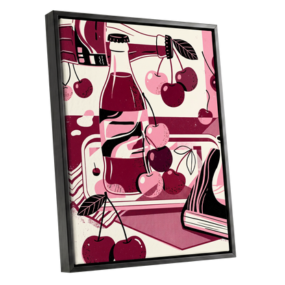 Cherry Soda Reverie, pink, beige, black abstract wall art shown as a black framed canvas wall art