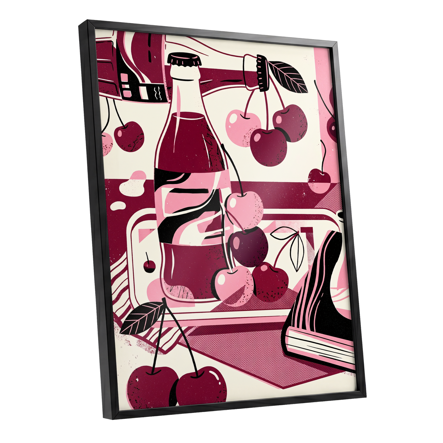 Cherry Soda Reverie, pink, beige, black abstract wall art shown as a black framed poster wall art print