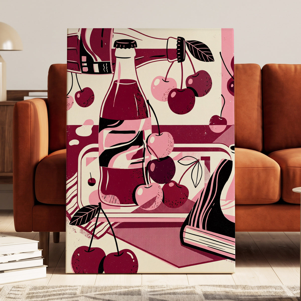 Cherry Soda Reverie, pink, beige, black abstract wall art on canvas displayed in a styled interior, gallery view 1